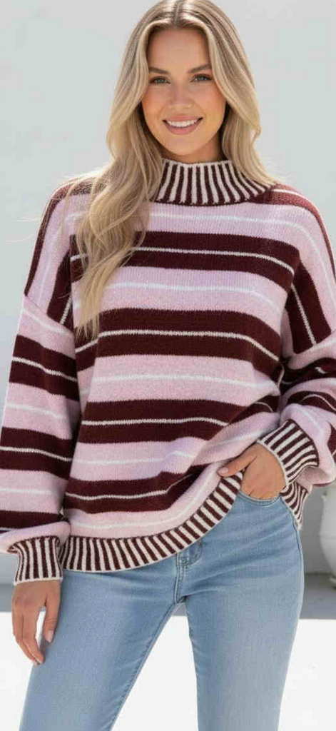 IKE STRIPE KNIT WINE/PINK