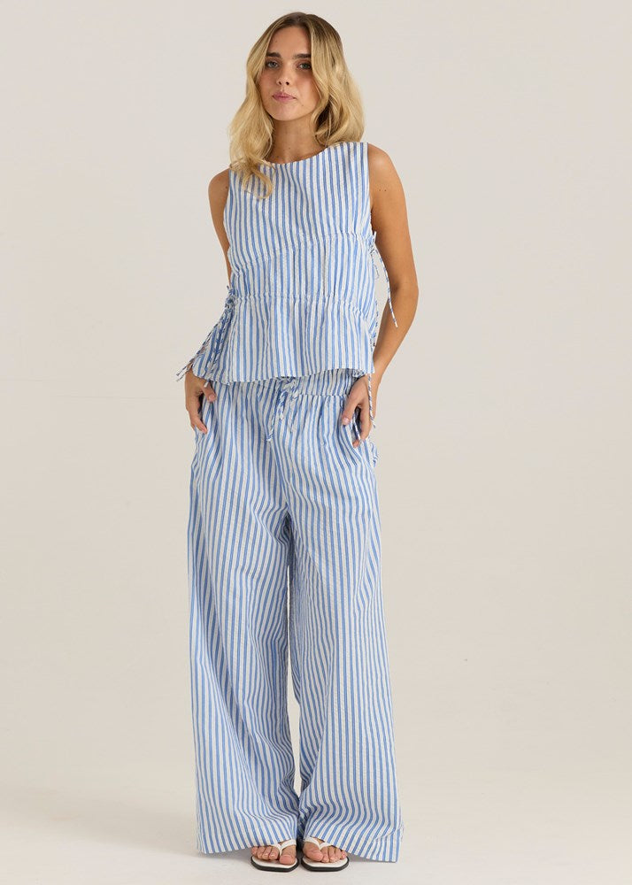 Aziza Gathered Tie Top - Blue/White Stripe