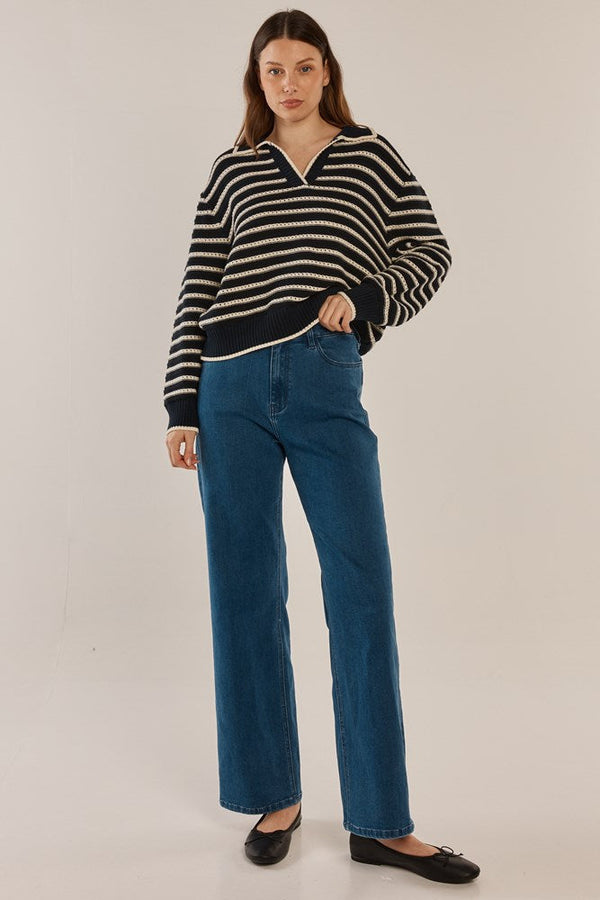 Aberdeen Polo Knit Sweater - Navy Stripe