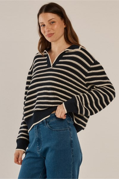 Aberdeen Polo Knit Sweater - Navy Stripe
