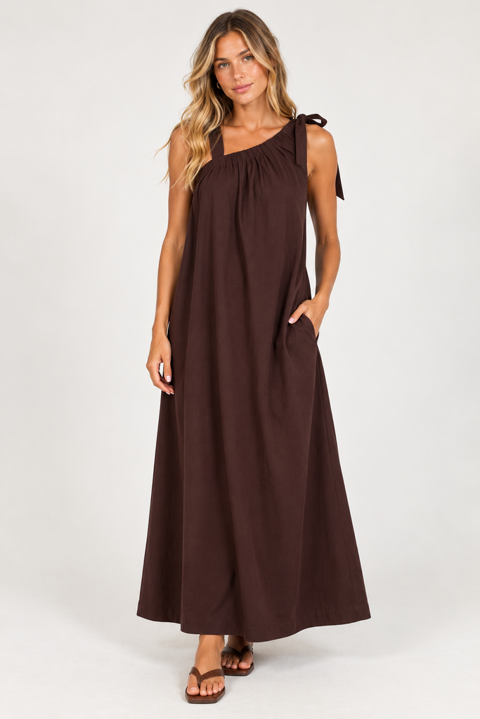 Bowie Tie Maxi Dress -Chocolate