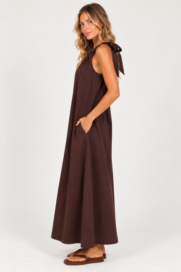 Bowie Tie Maxi Dress -Chocolate