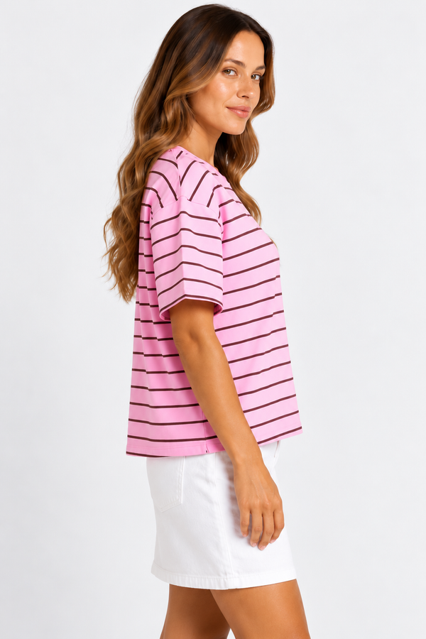 Relax Boxy Tee-Pink/Chocolate