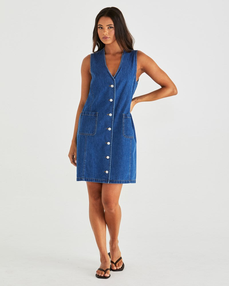 SABINE DENIM VEST DRESS - MID BLUE WASH