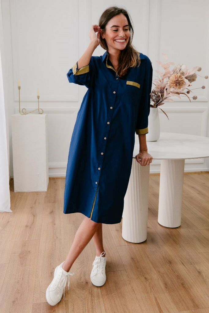 WINIFRED SHIRT DRESS IN NAVY AND OLIVE GREEN