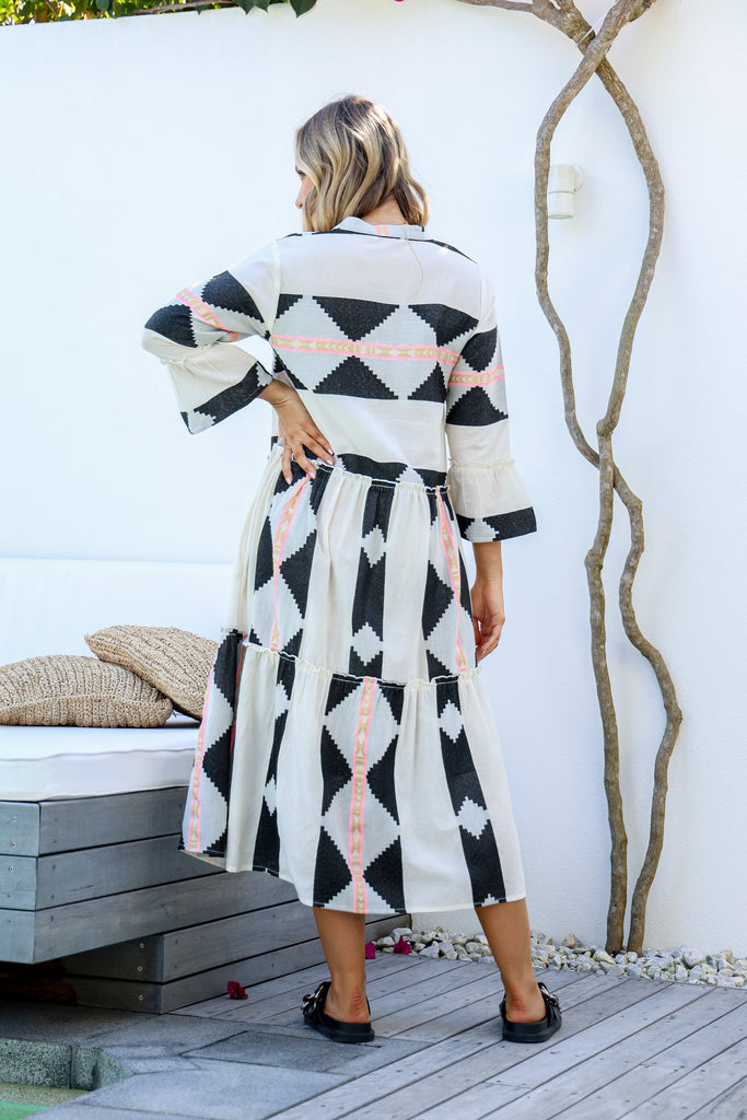 MEDITERRANEAN MIDI DRESS BLACK WHITE AND FLURO PINK