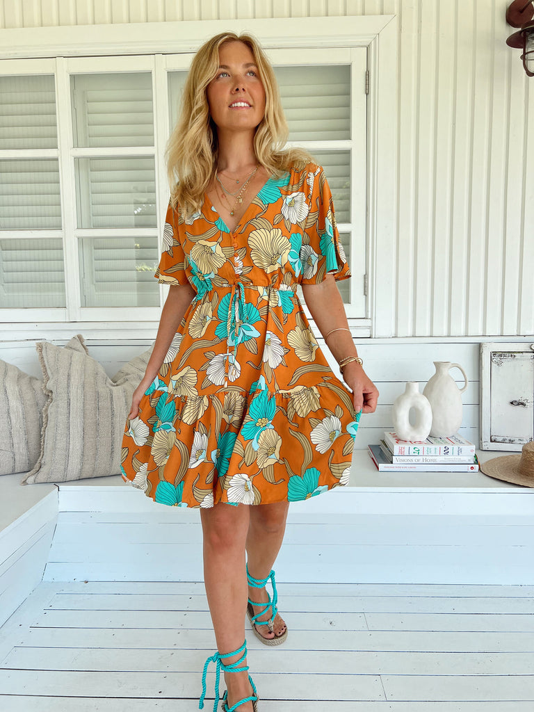 TESS MINI DRESS - AQUA FIELDS