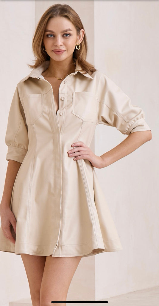 Aida Beige Faux Leather PU Mini Dress