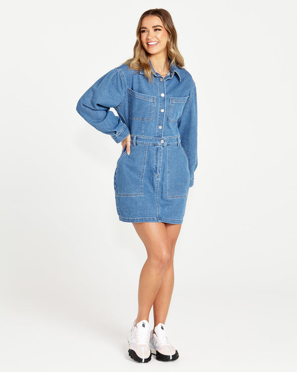Gabrielle Long Sleeve Denim Shirt Dress - 80 Wash Blue